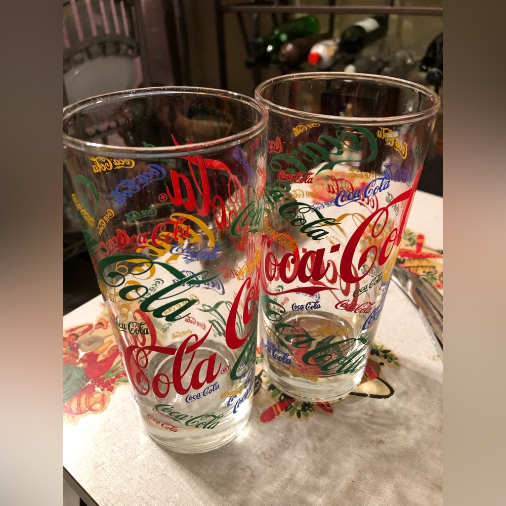 6827 Lot Of  2 Vintage Coca Cola Primary Color Multi-Colored Tumblers Clear Bkgr